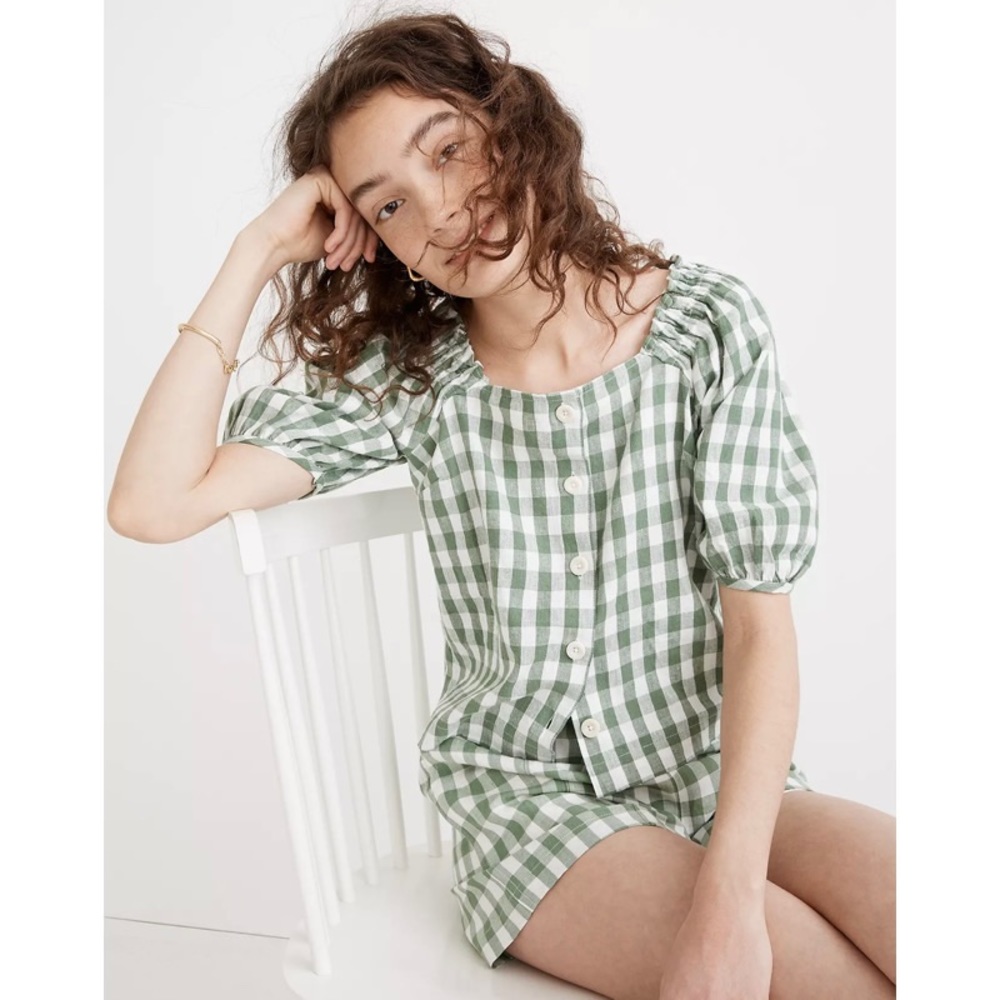 🆕 Madewell Linen-Cotton Square-Neck Button-Front Top in Gingham Check